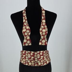 Vintage Clock Patterned Red and Gold Cumberbun With Bowtie.